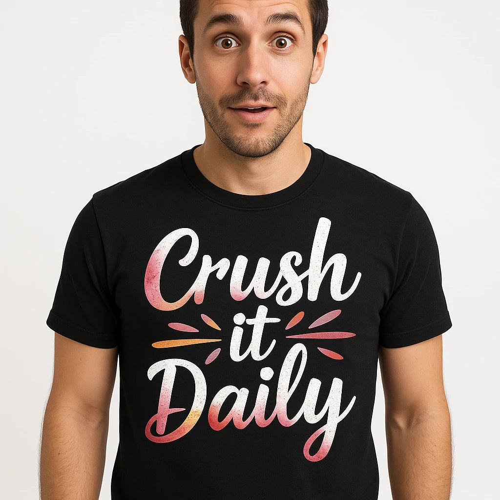 Close-up of the "Crush It Daily" white print on a premium Bella+Canvas black winemaker t shirt