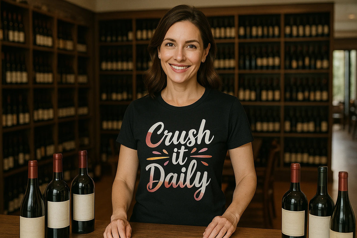 Lifestyle shot of the "Crush It Daily" black winemaker t shirt in a real-world setting