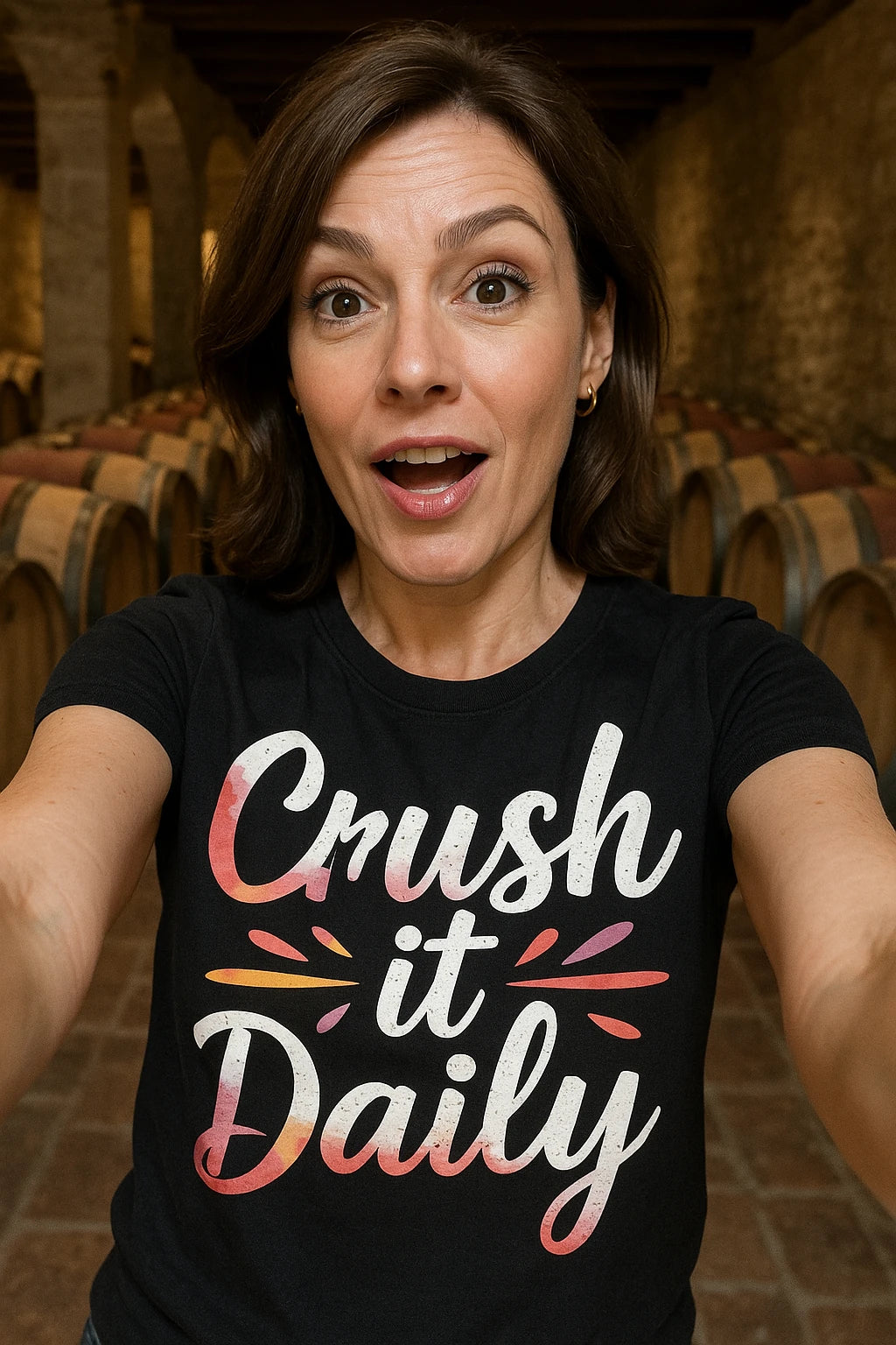 "Crush It Daily" black winemaker t shirt, photographed as winemaker gift ideas