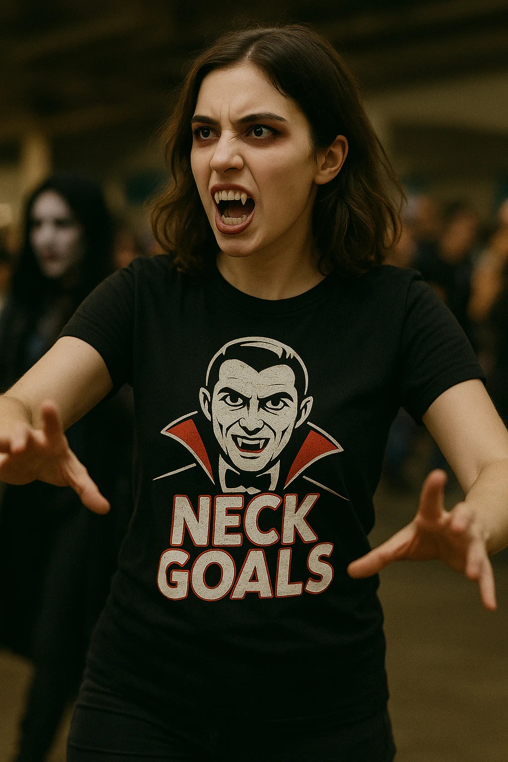 "Neck Goals" black frog brothers vampire hunters t shirt, photographed as gifts for vampire lovers
