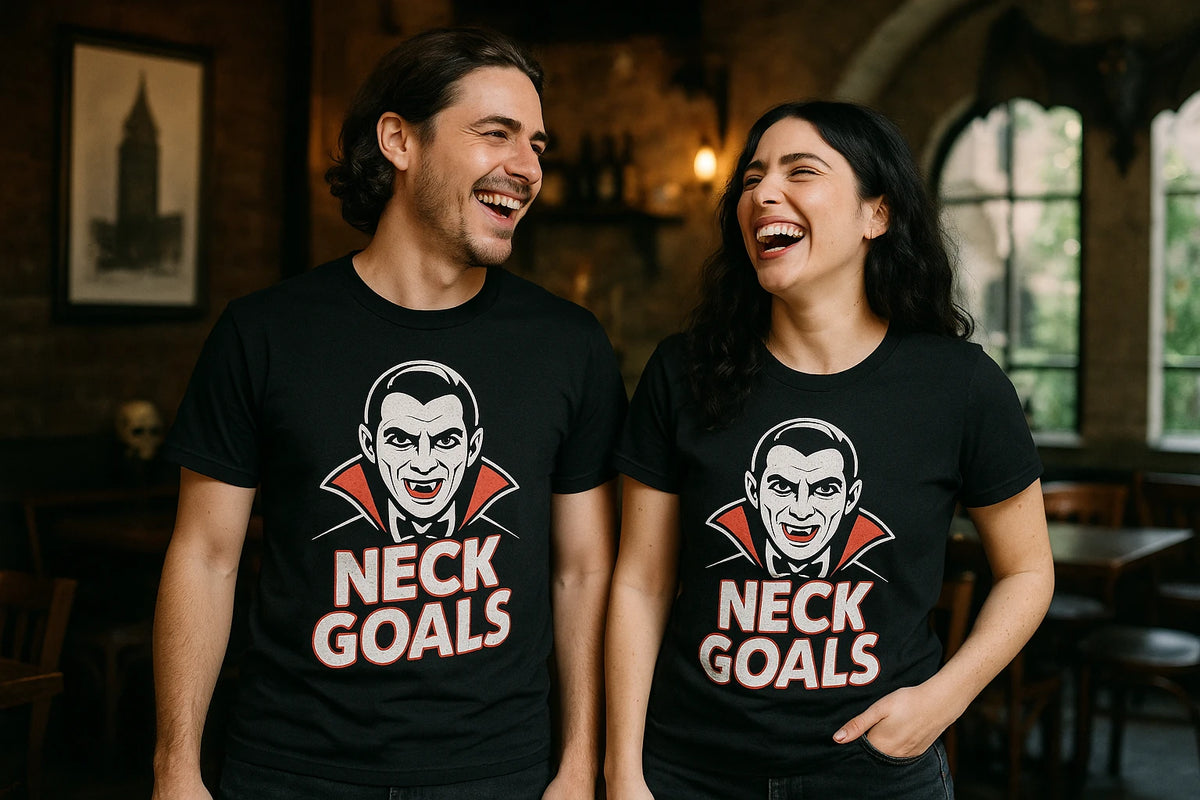 Person wearing the black frog brothers vampire hunters t shirt graphic tee - "Neck Goals" design