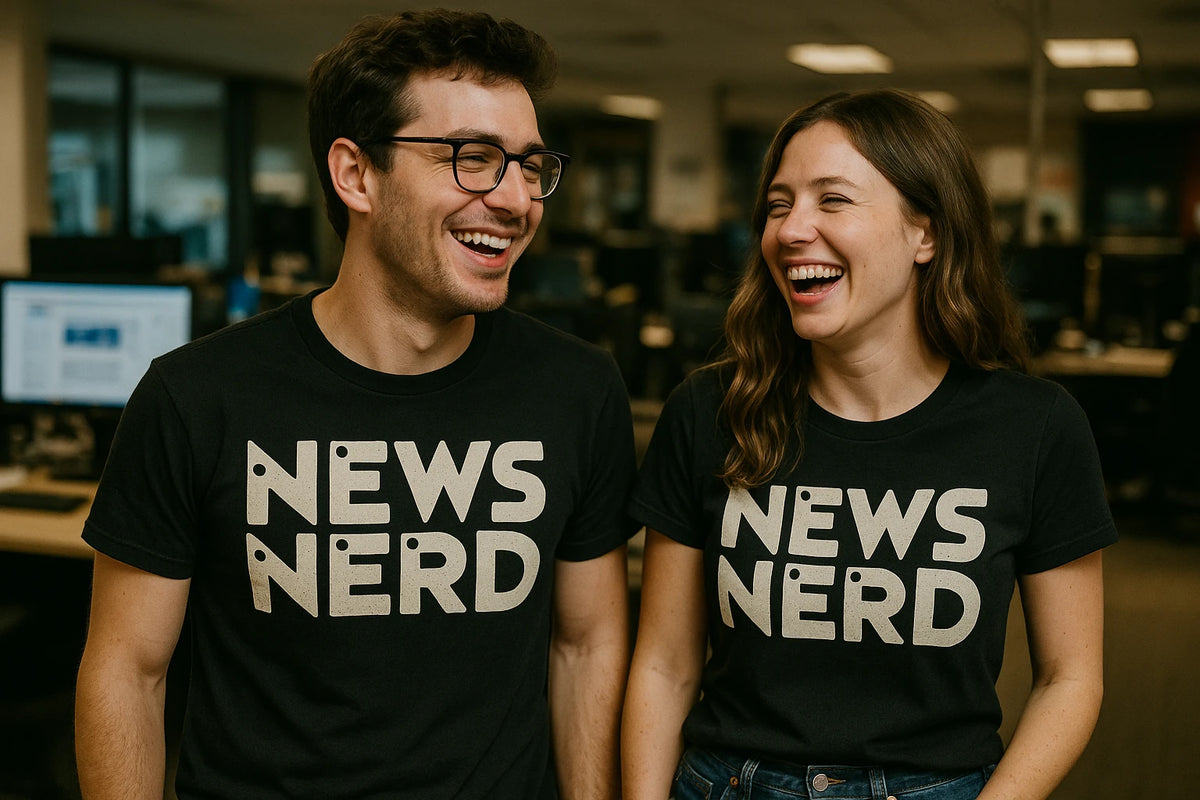 Person wearing the black journalist t shirt graphic tee - "News Nerd" design