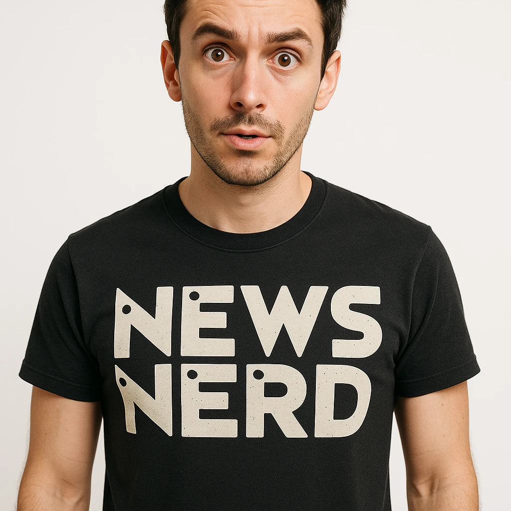 Close-up of the "News Nerd" beige print on a premium Bella+Canvas black journalist t shirt