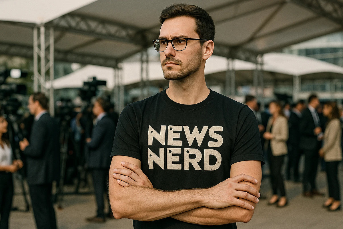 Lifestyle shot of the "News Nerd" black journalist t shirt in a real-world setting