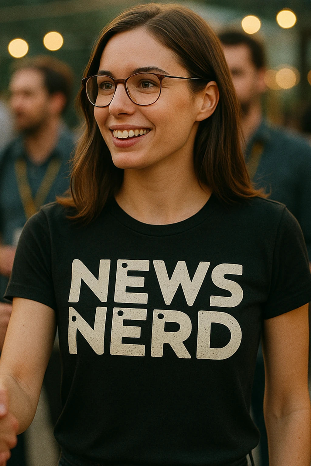 "News Nerd" black journalist t shirt, photographed as journalist lover gift