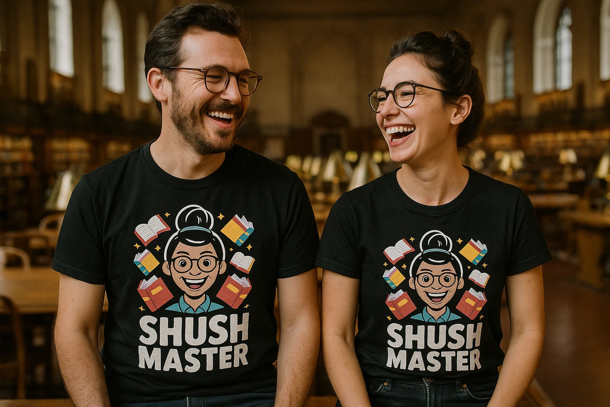 Person wearing the black t shirt librarian graphic tee - "Shush Master" design
