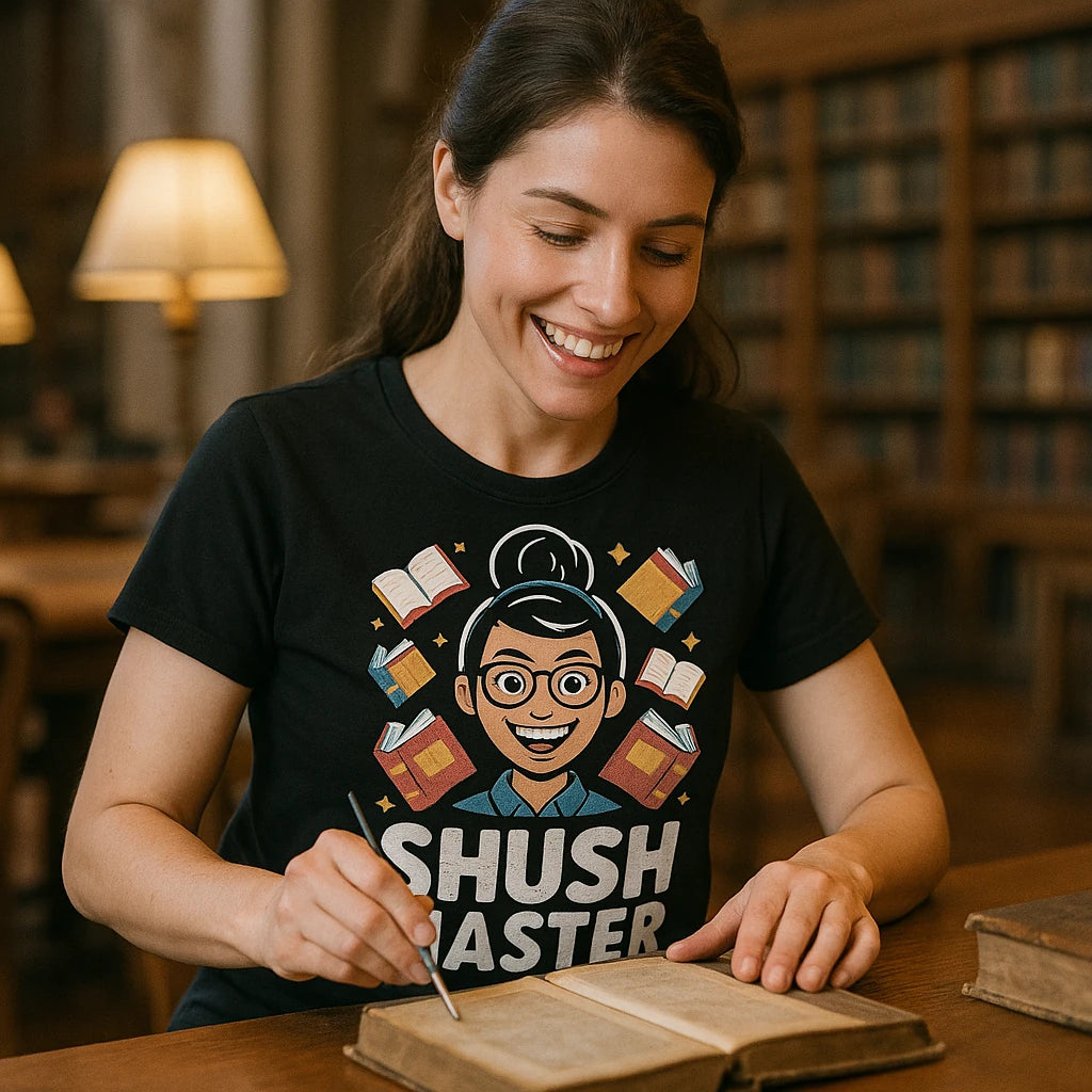 "Shush Master" black t shirt librarian - also one of the best gifts for librarians
