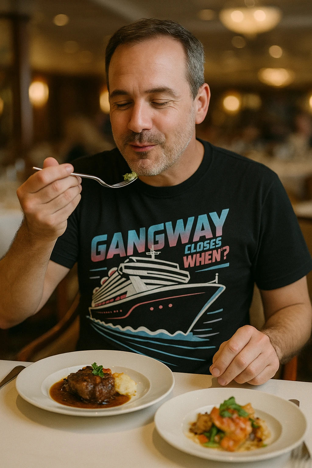 "Gangway Closes When?" black cruise ship t shirt, photographed as gifts for cruise ship lovers