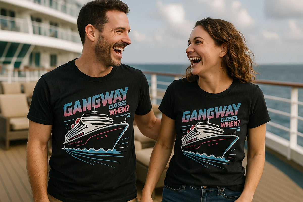 Person wearing the black cruise ship t shirt graphic tee - "Gangway Closes When?" design