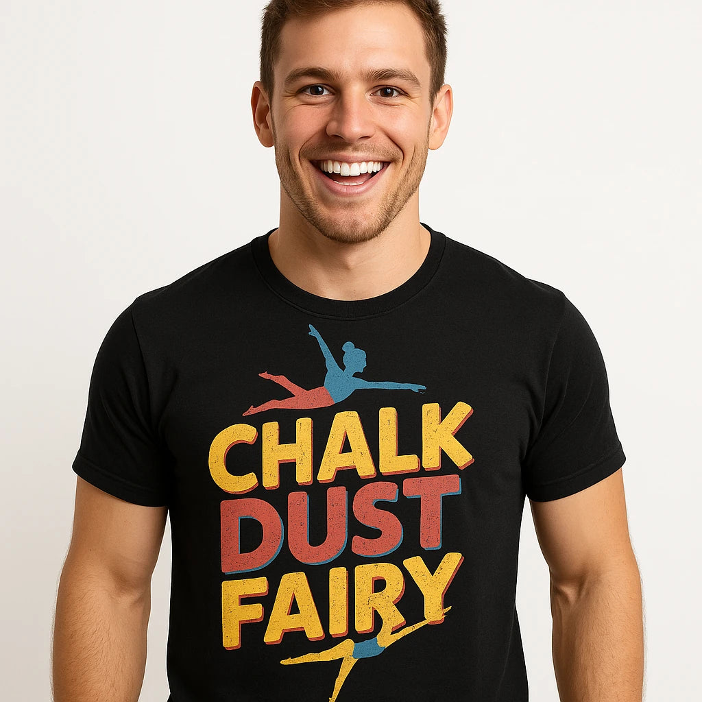 Close-up of the "Chalk Dust Fairy" gray print on a premium Bella+Canvas black shirts for gymnastics