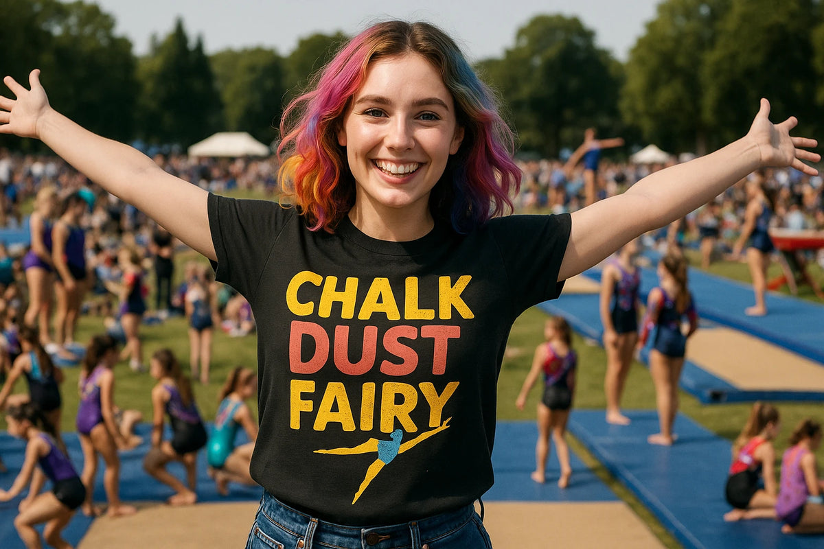 Lifestyle shot of the "Chalk Dust Fairy" black shirts for gymnastics in a real-world setting