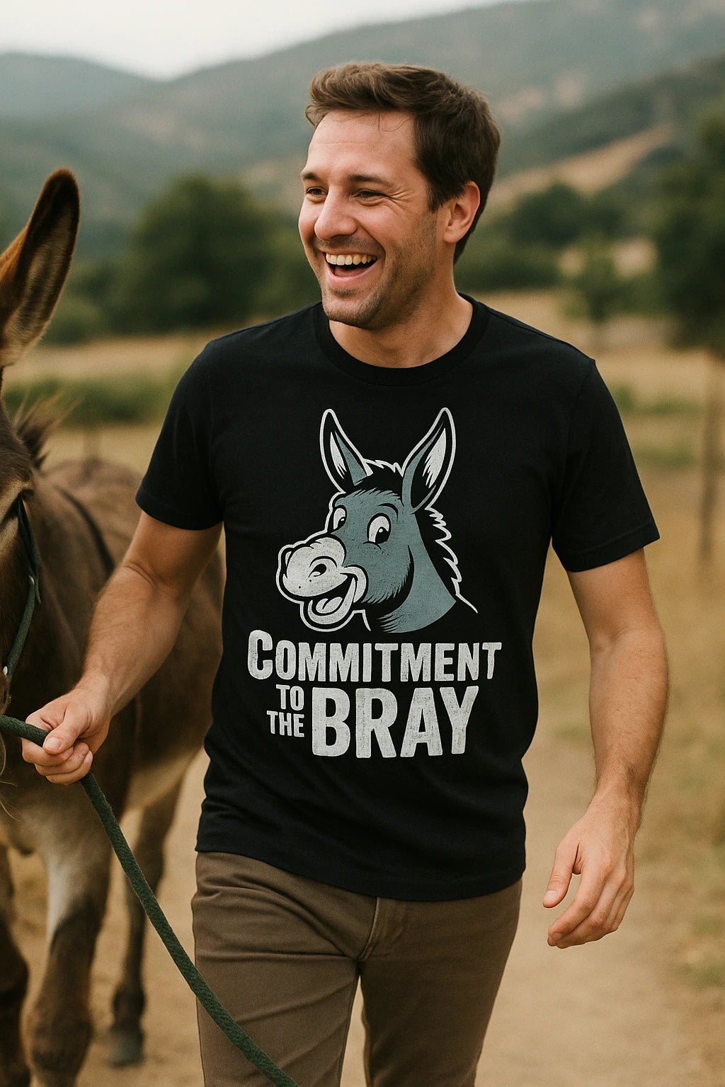 "Commitment To the Bray" black donkey tee shirts, photographed as gift for donkey lover