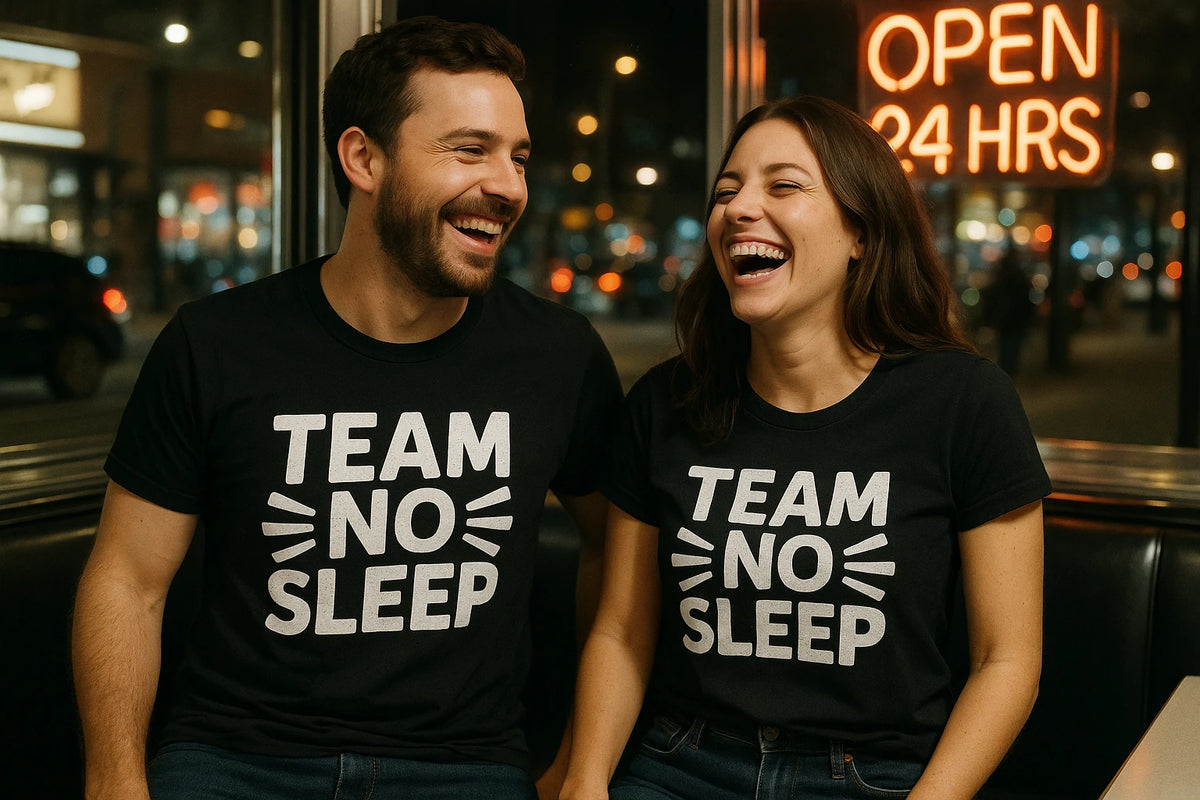 Person wearing the black sleep deprived t shirt graphic tee - "Team No Sleep" design