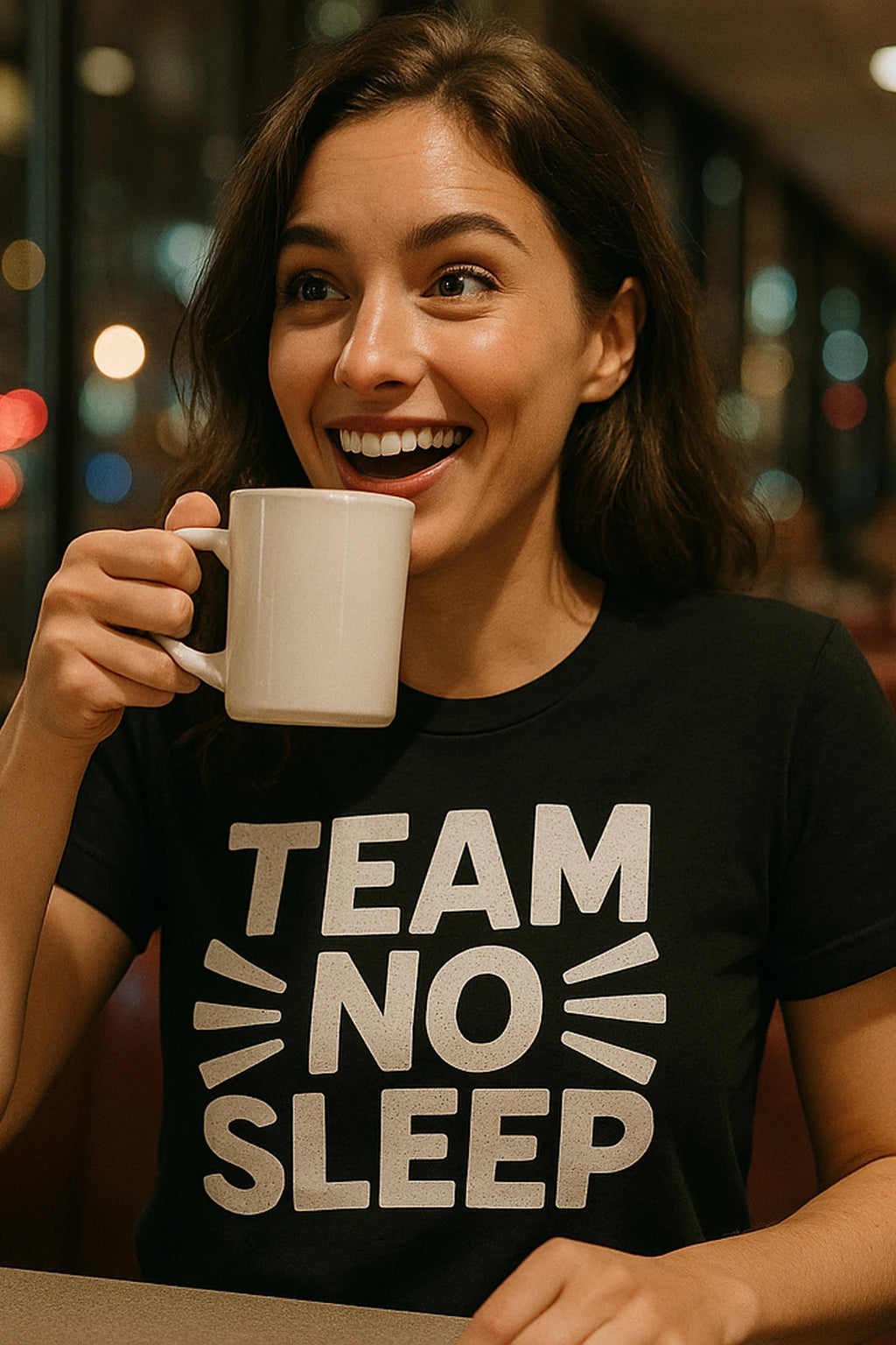 "Team No Sleep" black sleep deprived t shirt, photographed as sleep deprived lover gift