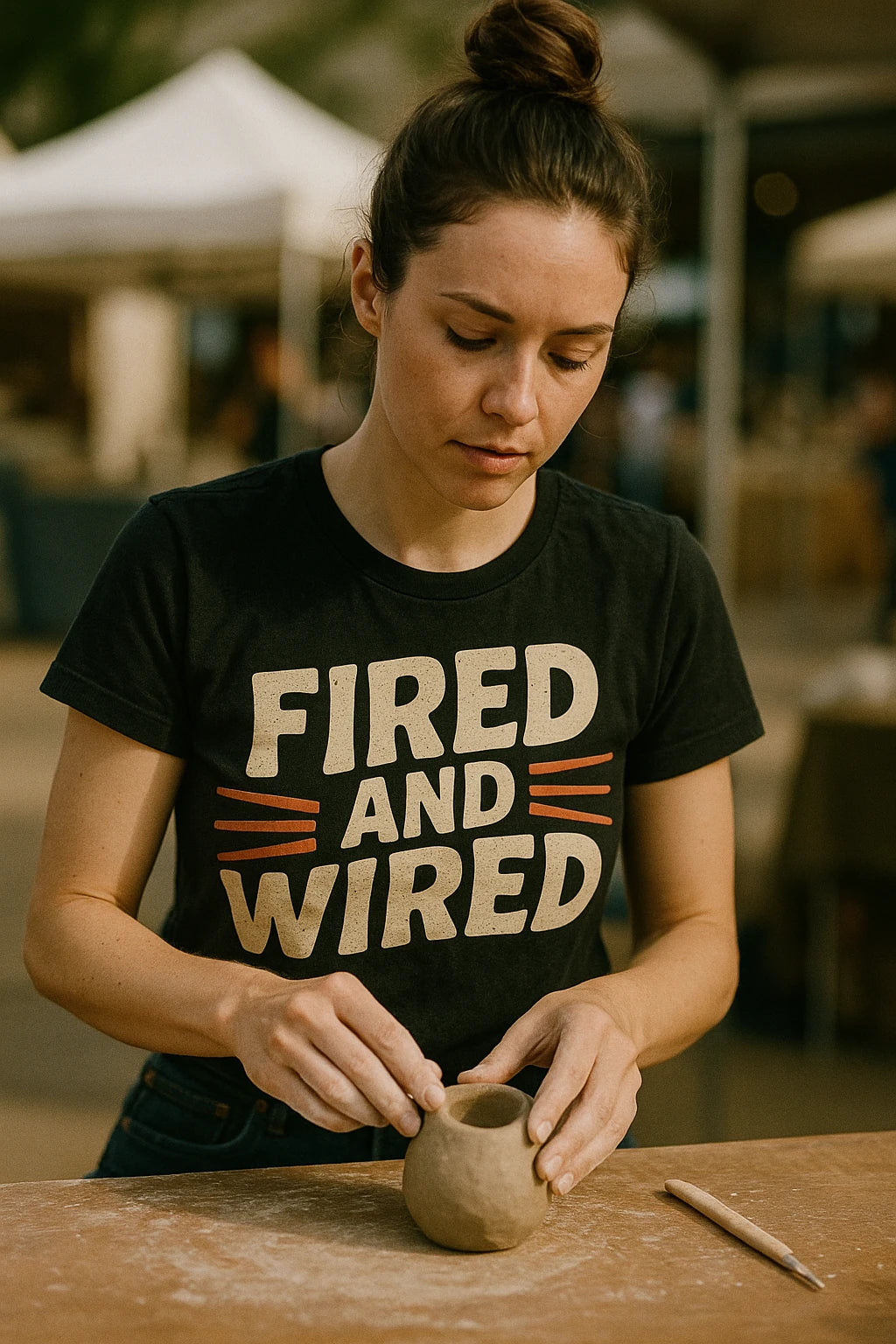 "Fired and Wired" black ceramic shirts, photographed as gifts for ceramic lovers