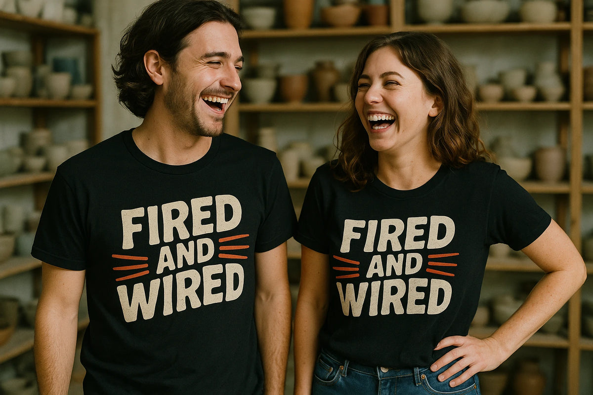 Person wearing the black ceramic shirts graphic tee - "Fired and Wired" design