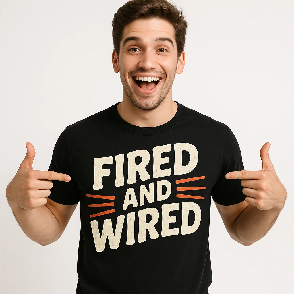 Close-up of the "Fired and Wired" beige print on a premium Bella+Canvas black ceramic shirts