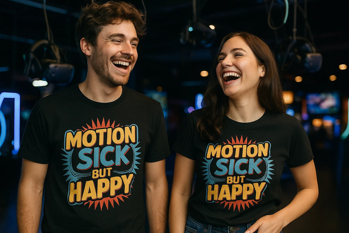 Person wearing the black virtual reality shirts graphic tee - "Motion Sick But Happy" design