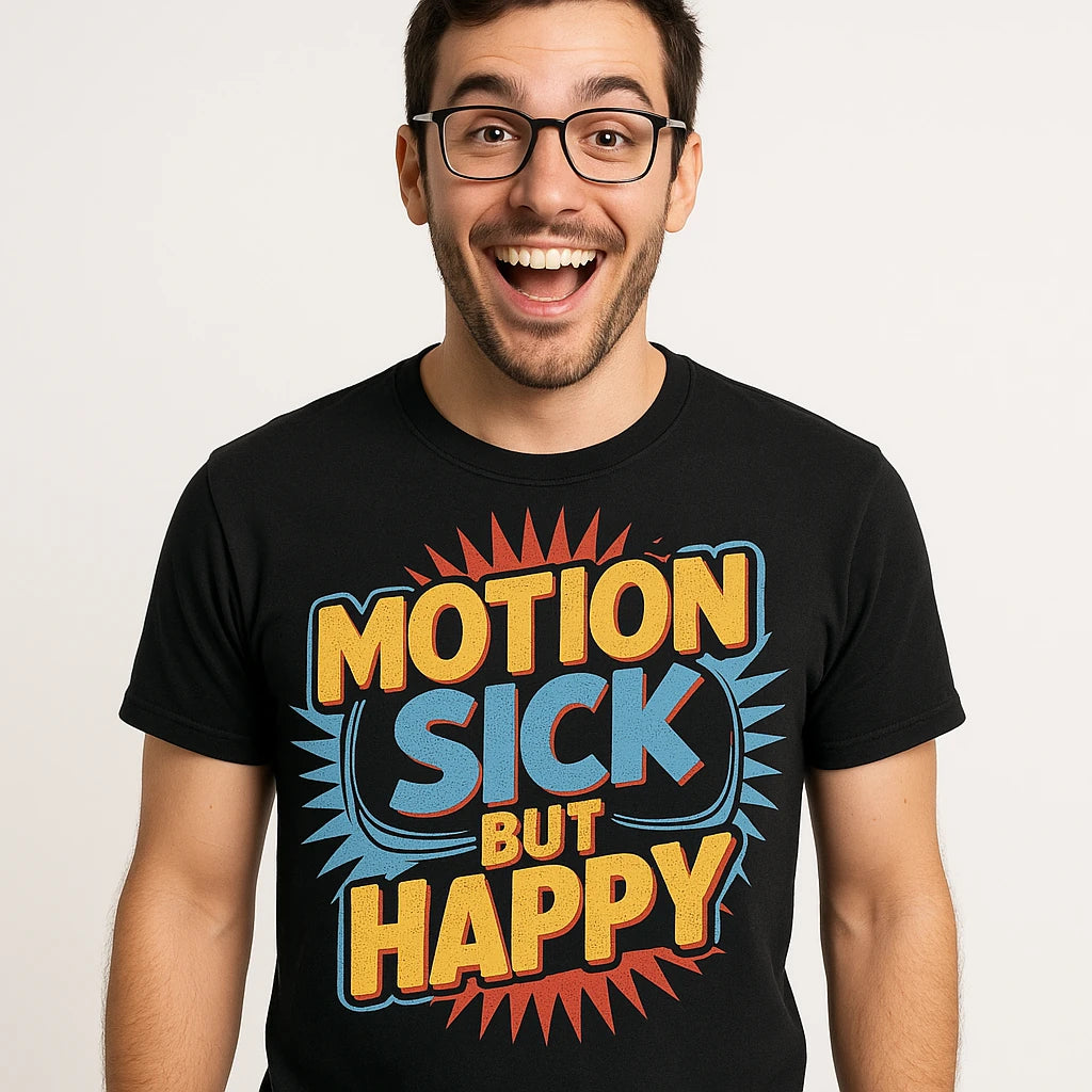 Close-up of the "Motion Sick But Happy" orange print on a premium Bella+Canvas black virtual reality shirts