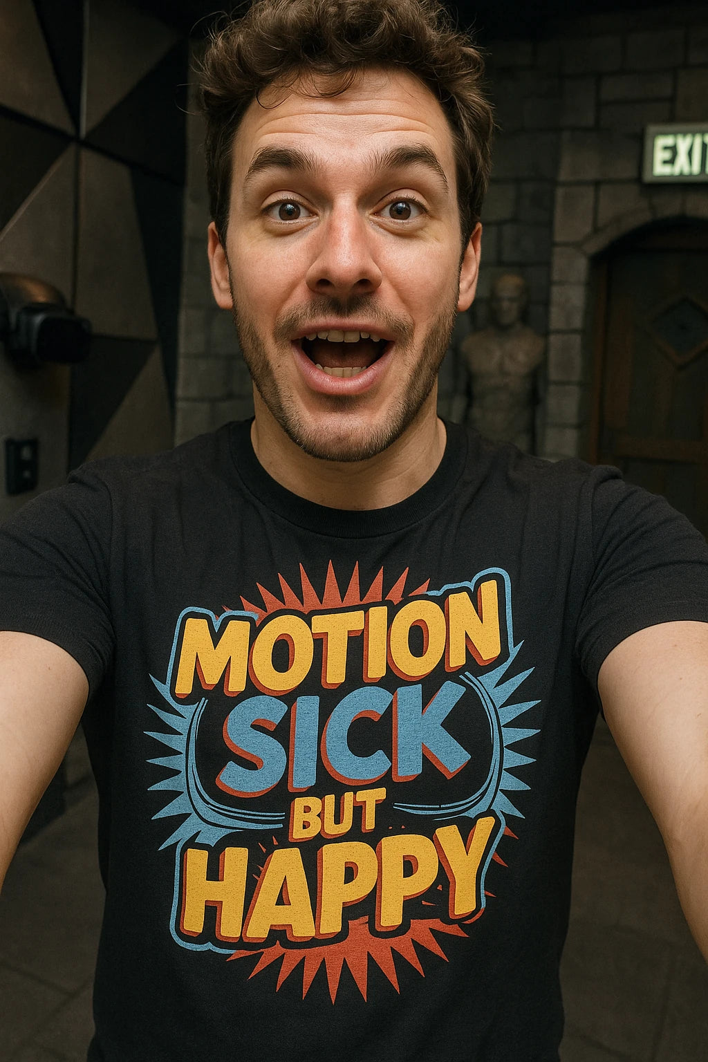 "Motion Sick But Happy" black virtual reality shirts, photographed as virtual reality lover gift