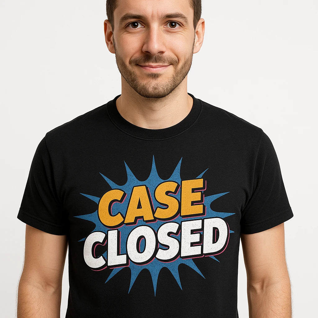 Close-up of the "Case Closed" gray print on a premium Bella+Canvas black lawyer t shirt