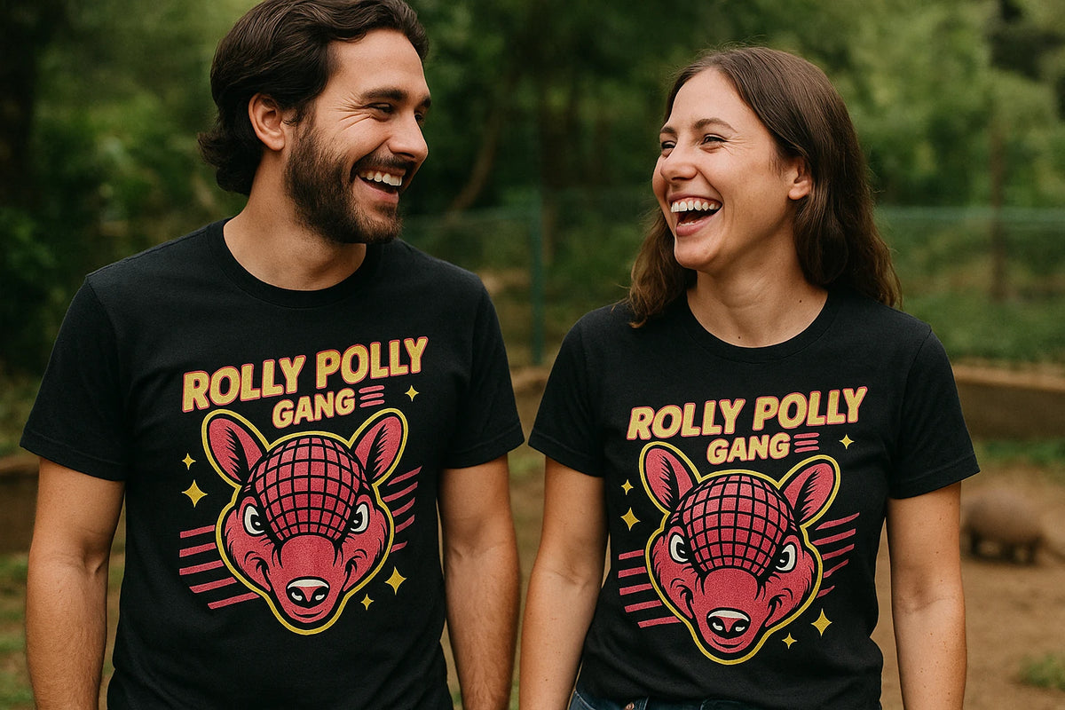 Person wearing the black t shirt armadillo graphic tee - "Rolly Polly Gang" design