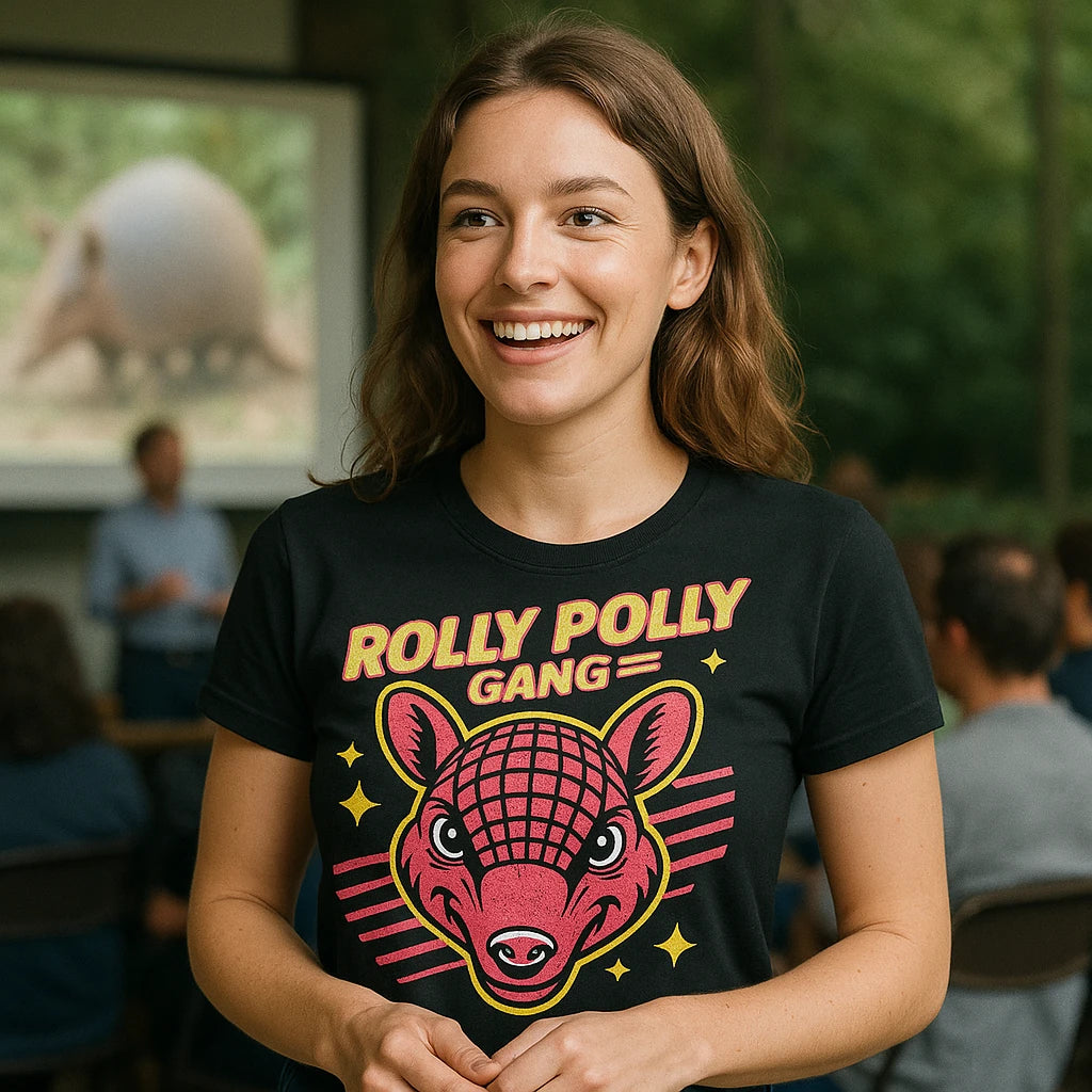 "Rolly Polly Gang" black t shirt armadillo, photographed as armadillo lover gift