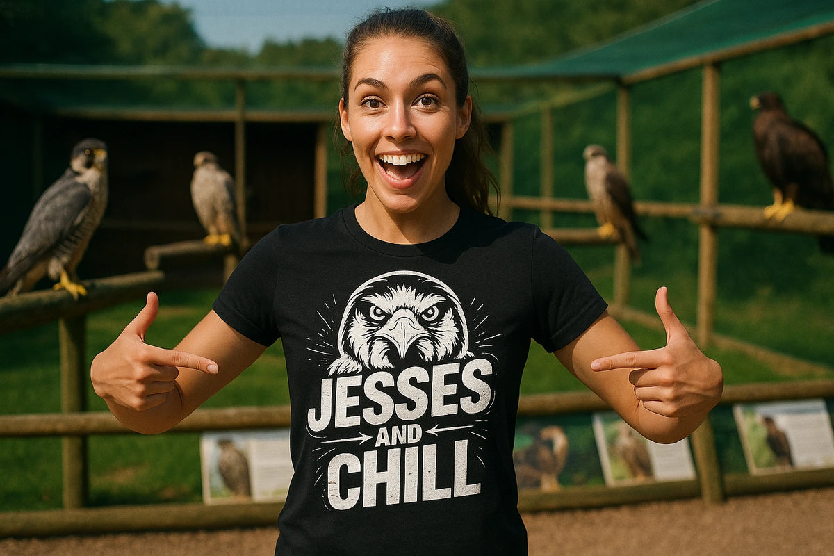 Lifestyle shot of the "Jesses and Chill" black falconry t shirt in a real-world setting