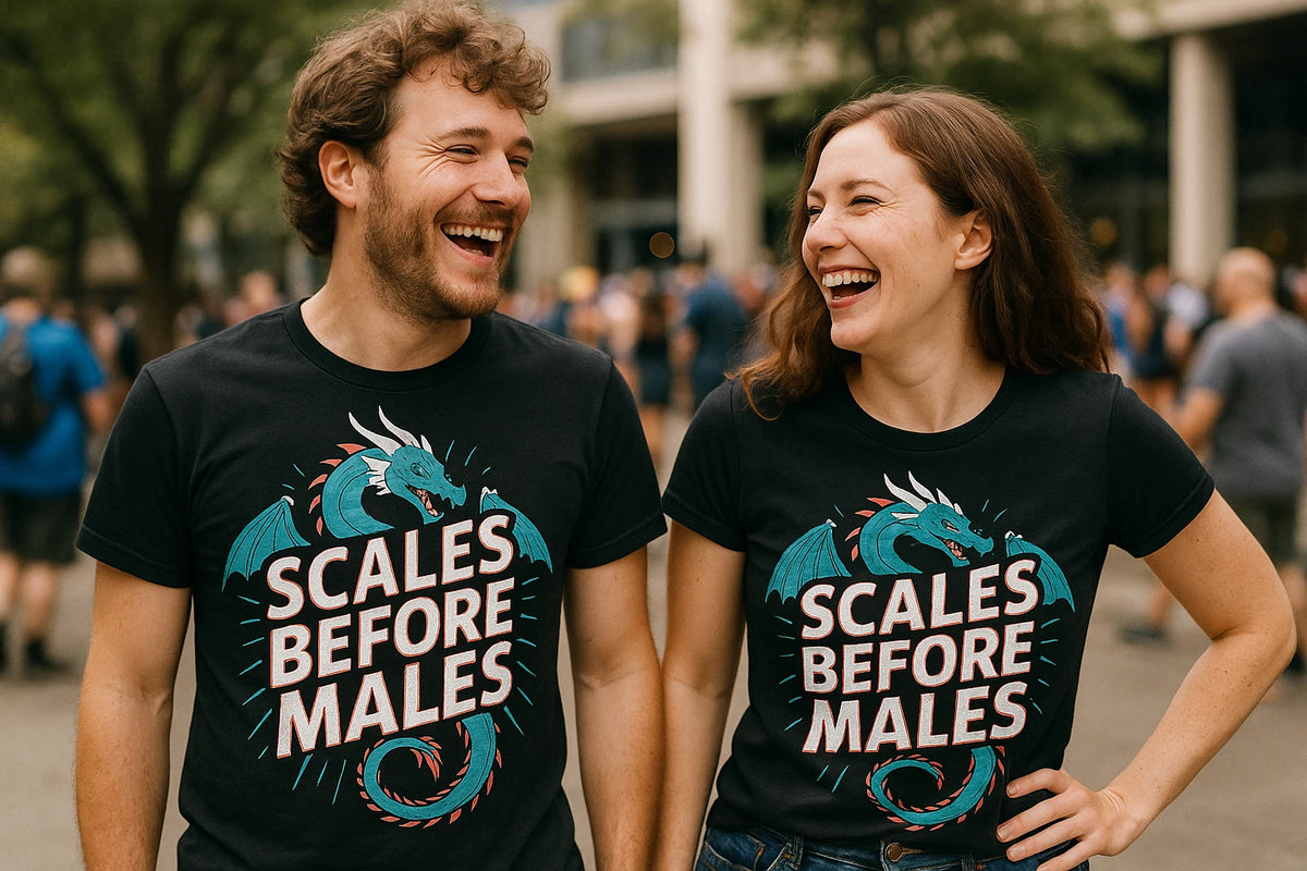 Person wearing the black dragons t shirt graphic tee - "Scales Before Males" design