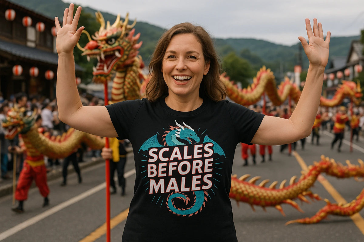 Lifestyle shot of the "Scales Before Males" black dragons t shirt in a real-world setting