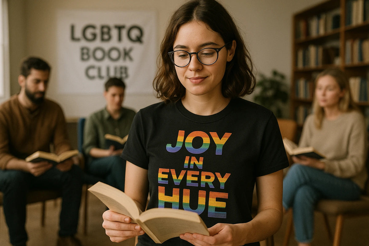 Lifestyle shot of the "Joy in Every Hue" black t shirt lgbtq in a real-world setting
