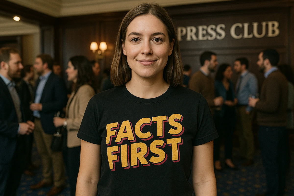 Lifestyle shot of the "Facts First" black journalist t shirt in a real-world setting
