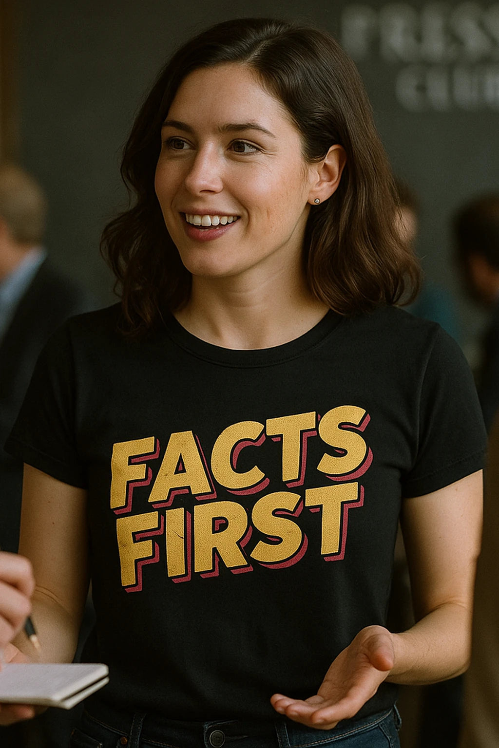 "Facts First" black journalist t shirt, photographed as journalist lover gift