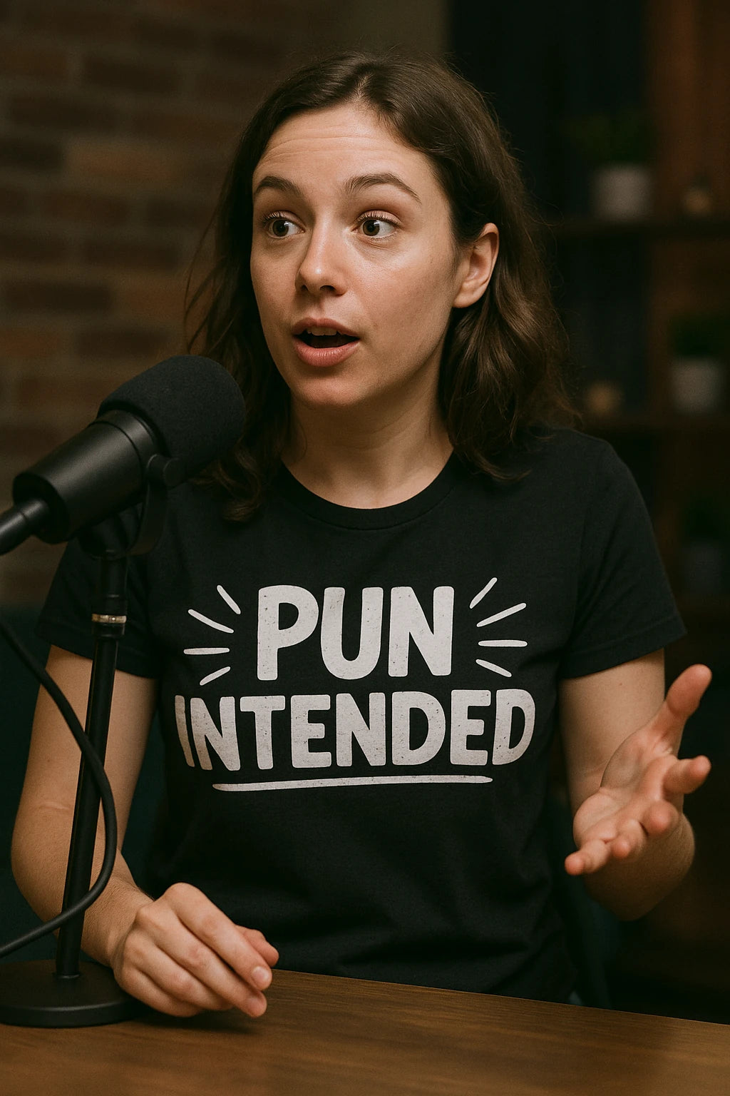 "Pun Intended" black comedy couple tees, photographed as gifts for comedy lovers