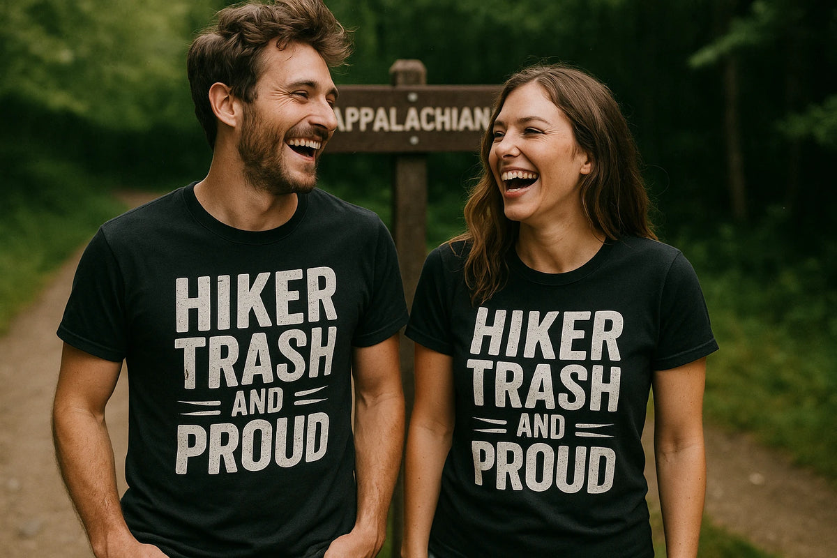 Person wearing the black best backpacking shirts graphic tee - "Hiker Trash and Proud" design