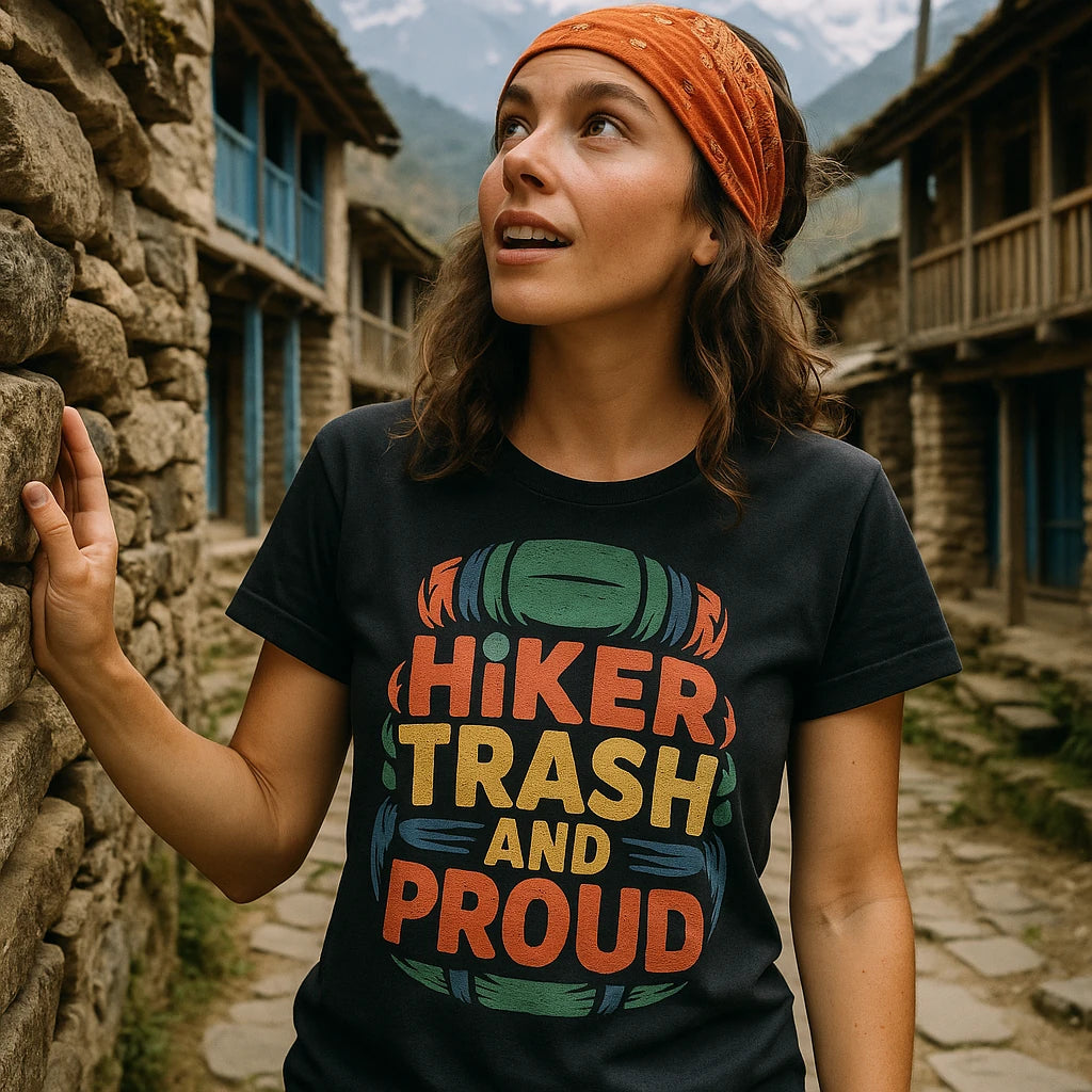 "Hiker Trash and Proud" backpacking t shirt - product photo 8