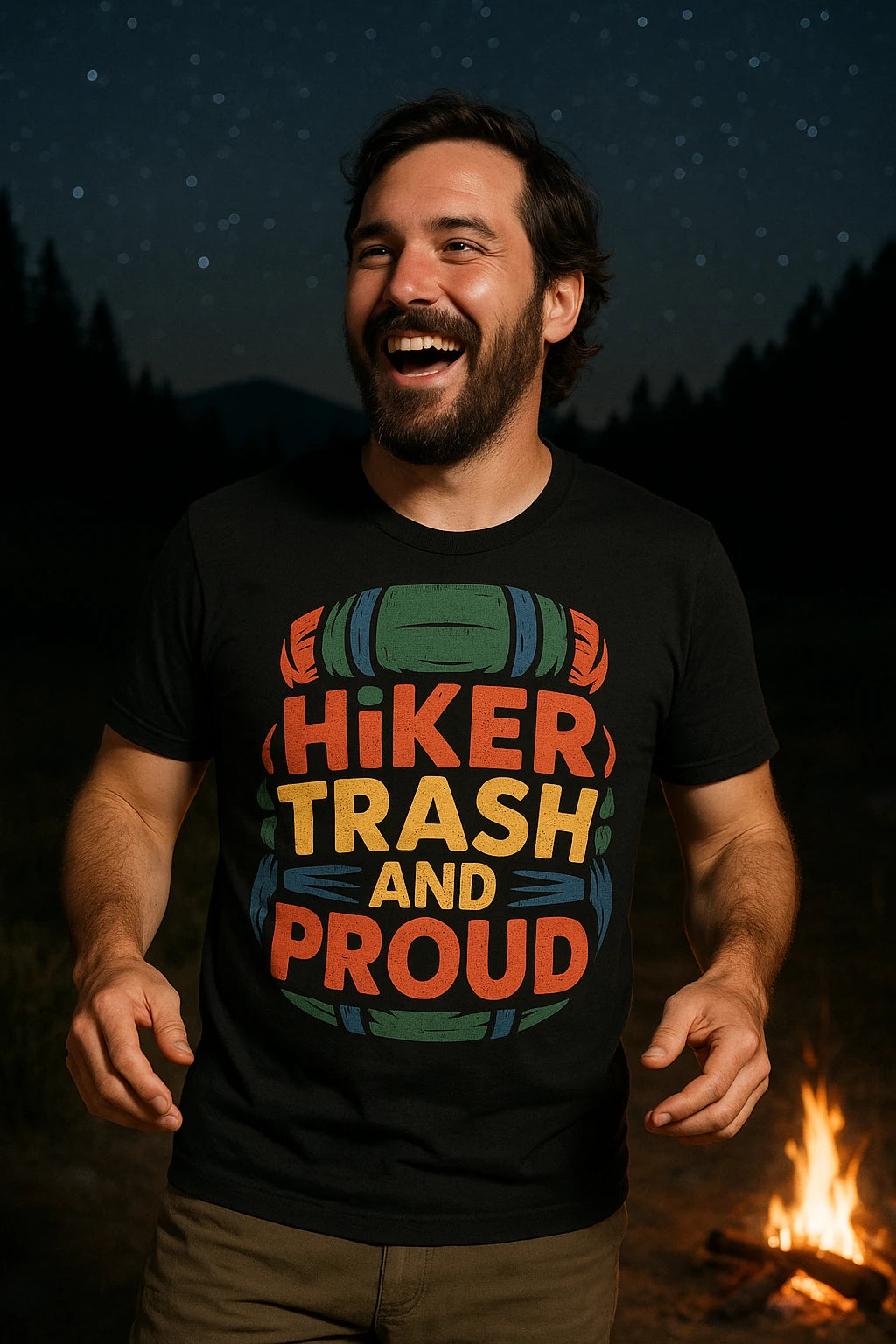 "Hiker Trash and Proud" black backpacking t shirt - a birthday gift for backpacking lover
