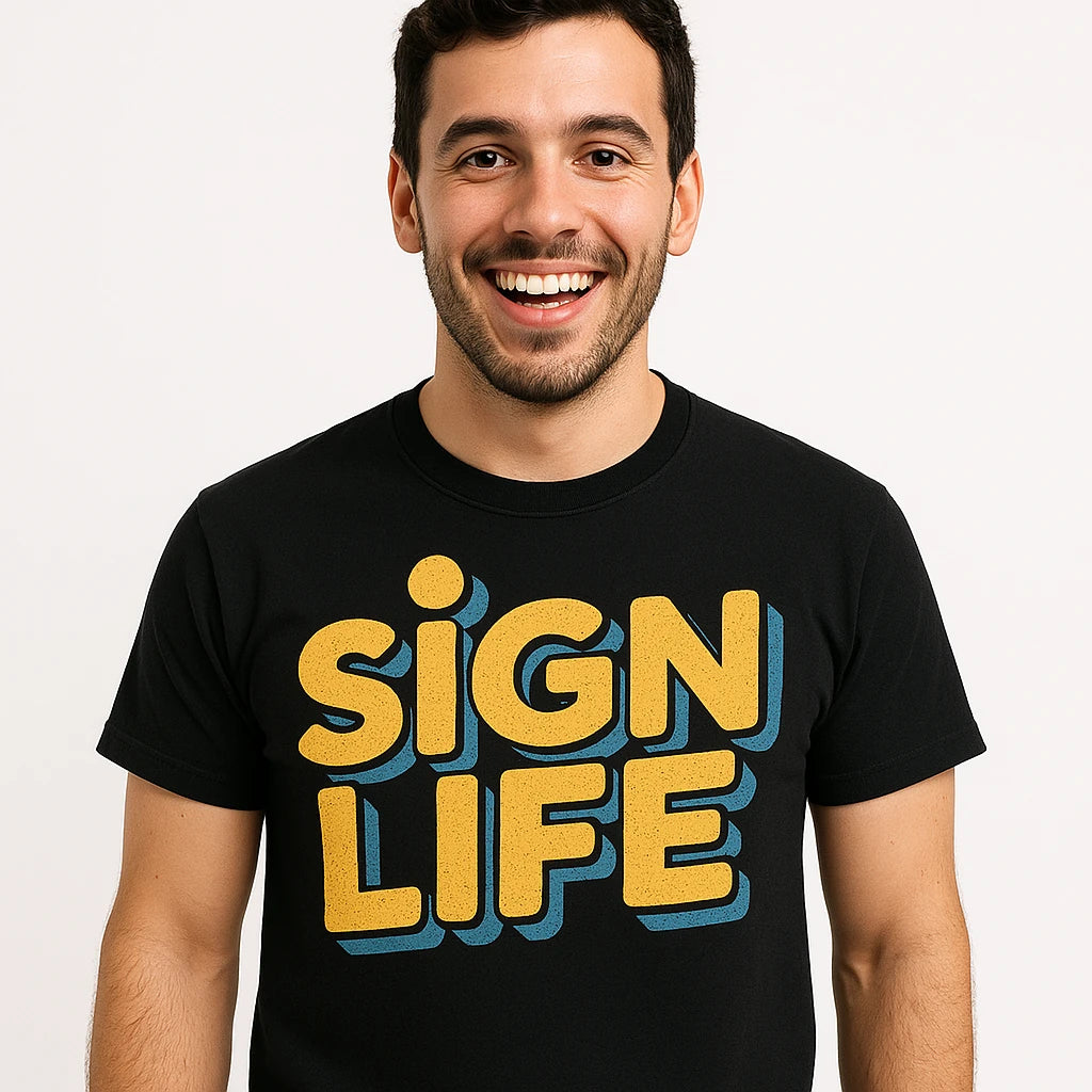 Close-up of the "Sign Life" gold print on a premium Bella+Canvas black interpreter t shirt
