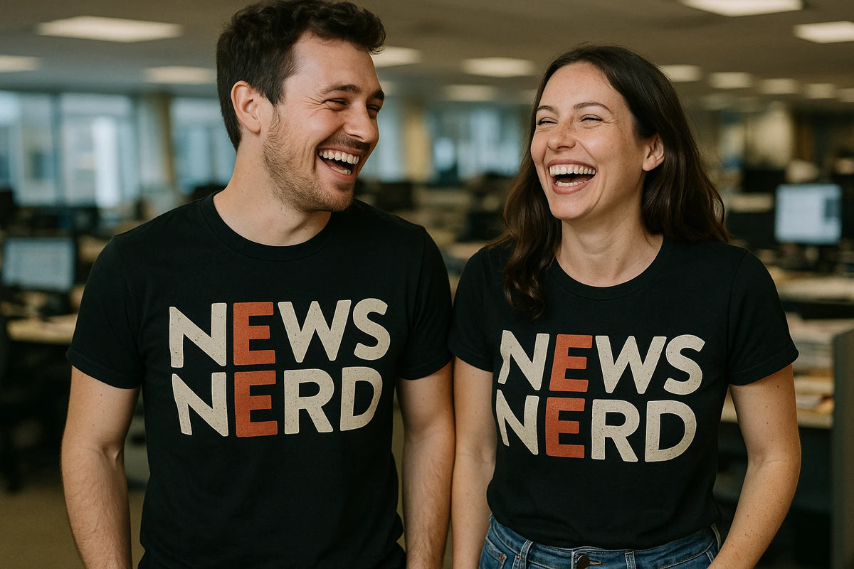 Person wearing the black journalist t shirt graphic tee - "News Nerd" design