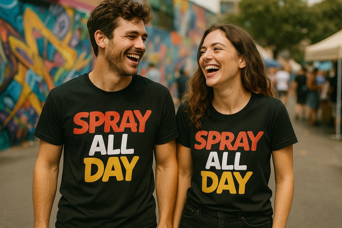 Person wearing the black street art tee shirts graphic tee - "Spray All Day" design