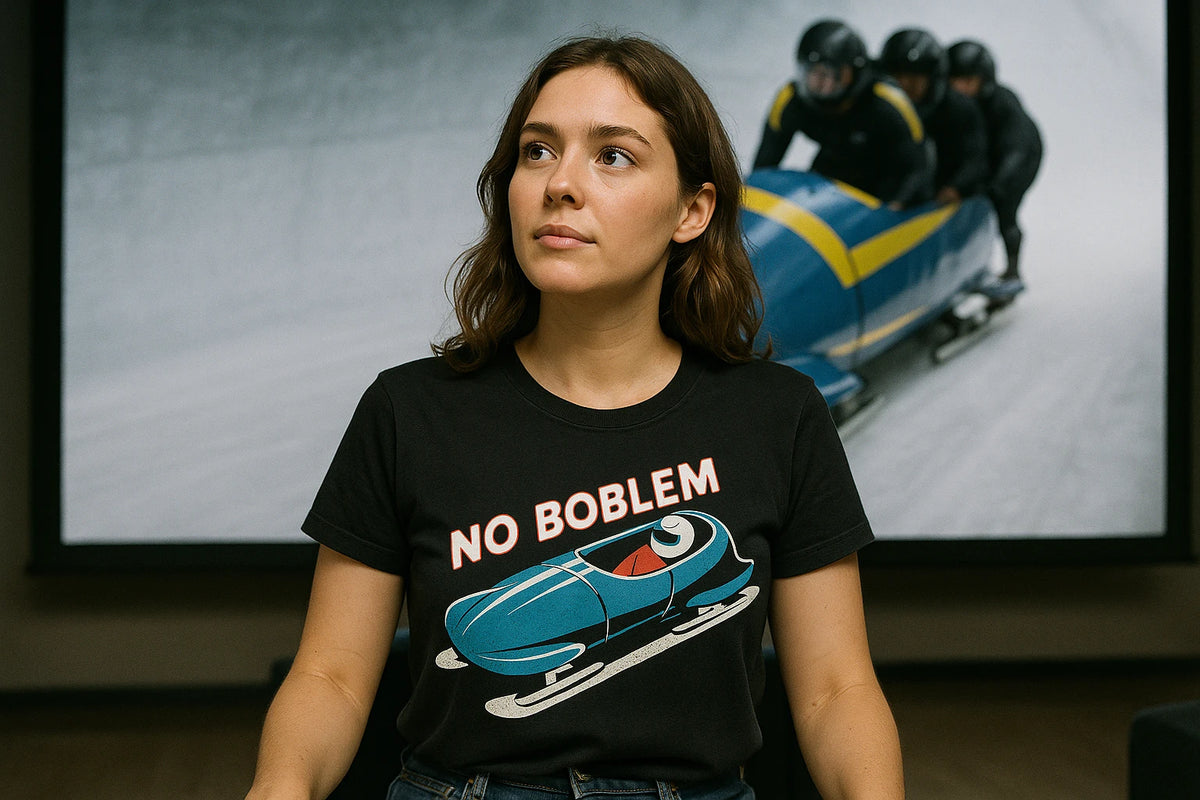 Lifestyle shot of the "No Boblem" black bobsledding t shirt in a real-world setting