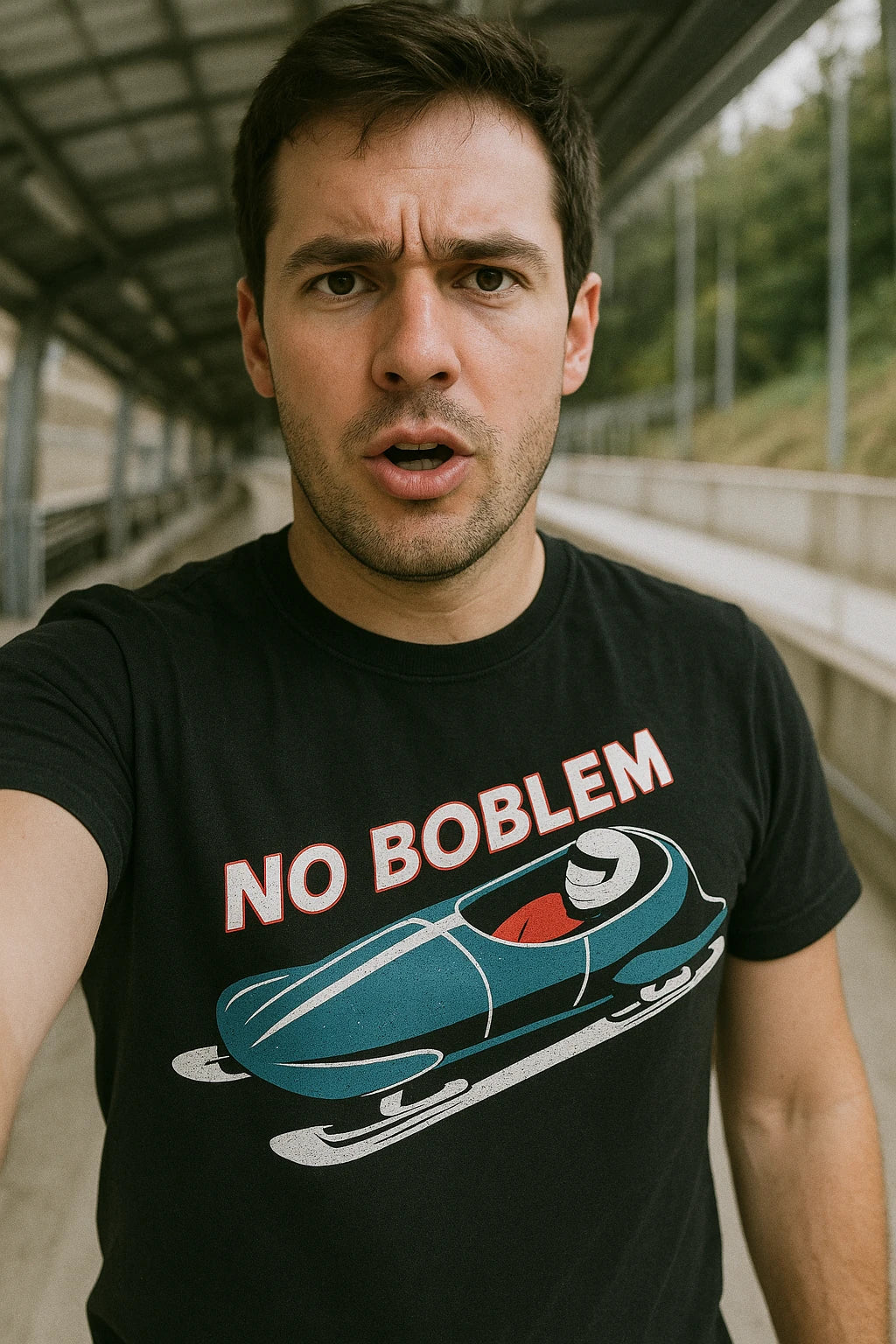 "No Boblem" black bobsledding t shirt, photographed as bobsledding lover gift