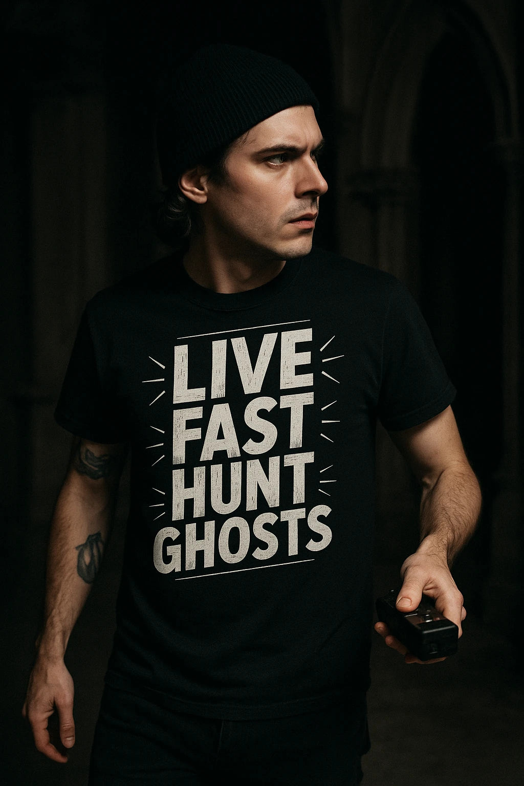 "Live Fast Hunt Ghosts" black paranormal t shirt, photographed as gifts for paranormal lovers