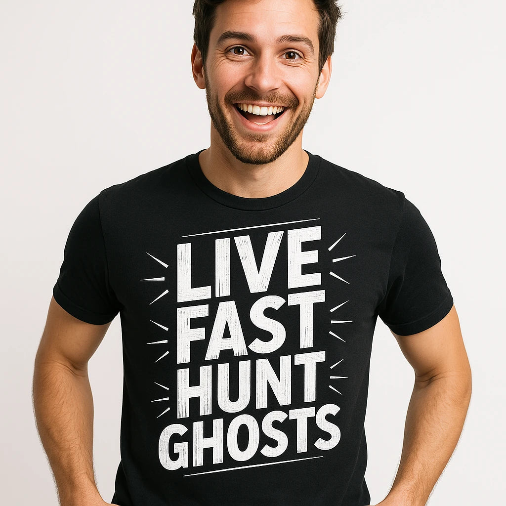 Close-up of the "Live Fast Hunt Ghosts" white print on a premium Bella+Canvas black paranormal t shirt