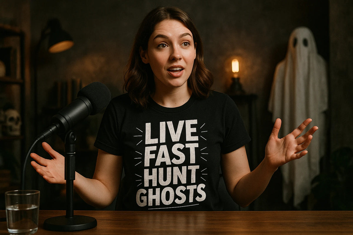 Lifestyle shot of the "Live Fast Hunt Ghosts" black paranormal t shirt in a real-world setting