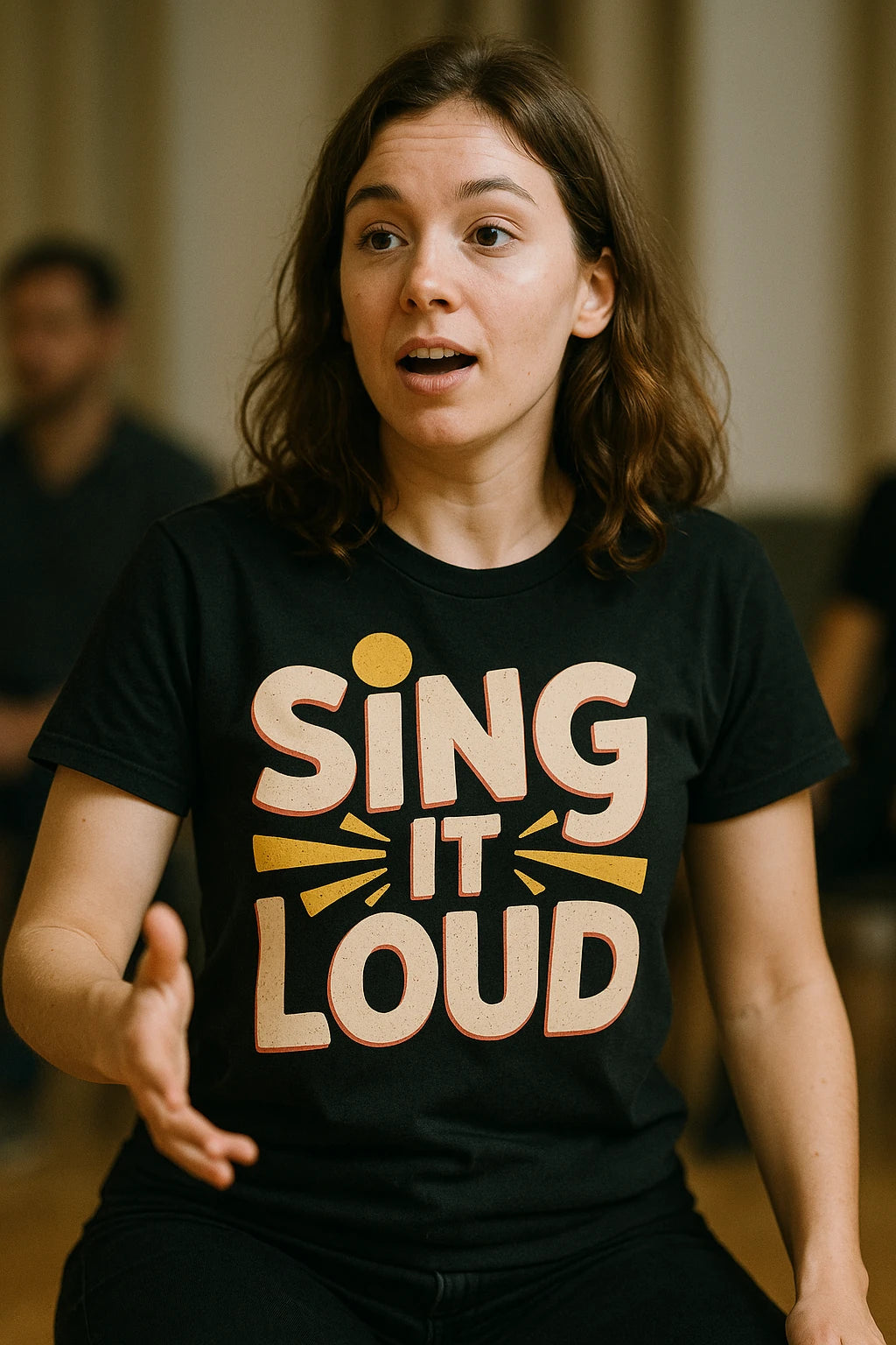 "Sing It Loud" black singing t shirt, photographed as gift for singing lover