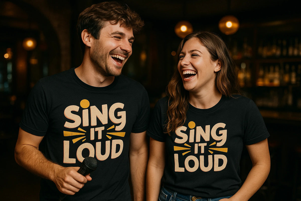 Person wearing the black singing t shirt graphic tee - "Sing It Loud" design