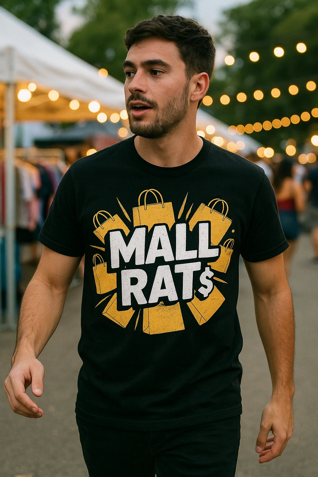 "Mall Rat" black shopping t shirt, photographed as gifts for shopping lovers