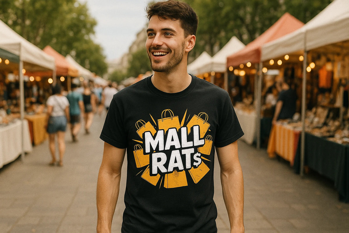 Lifestyle shot of the "Mall Rat" black shopping t shirt in a real-world setting