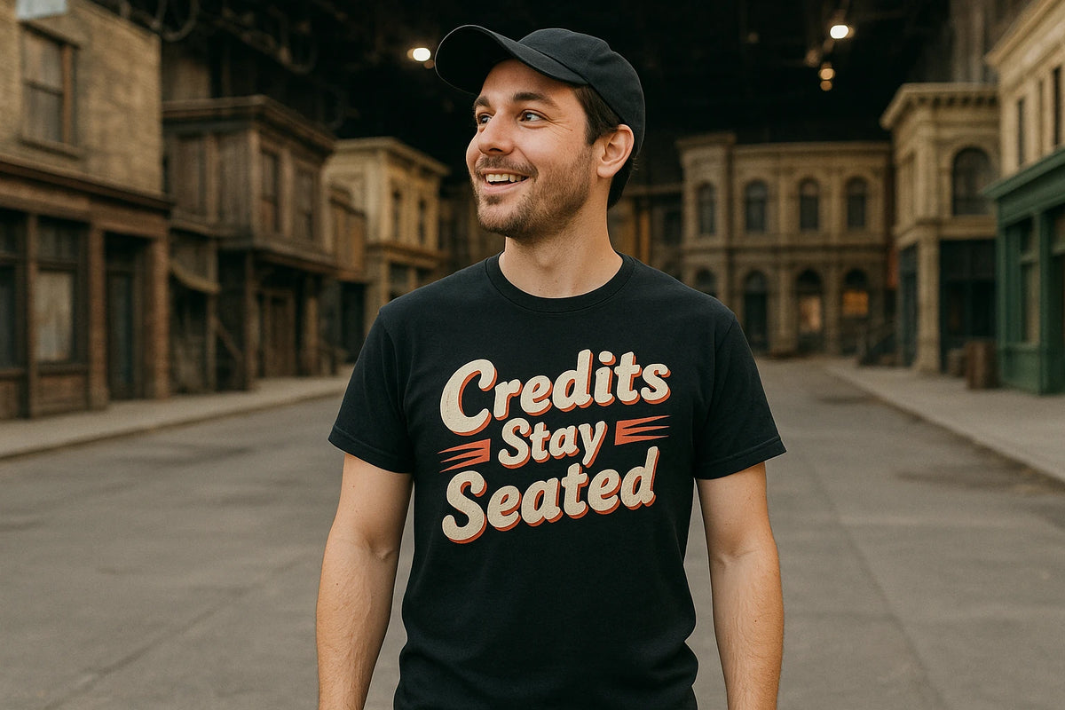 Lifestyle shot of the "Credits Stay Seated" black graphic tee in a real-world setting